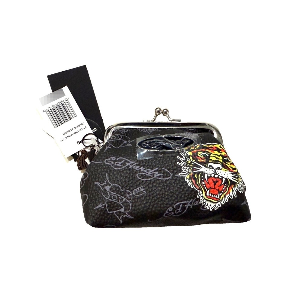 Ed Hardy Black Tiger Kiss Lock Clutch Chain Coin Purse Y2K Tattoo NWT